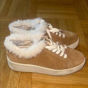 Women's Tan Suede Sneakers with Faux Fur Lining